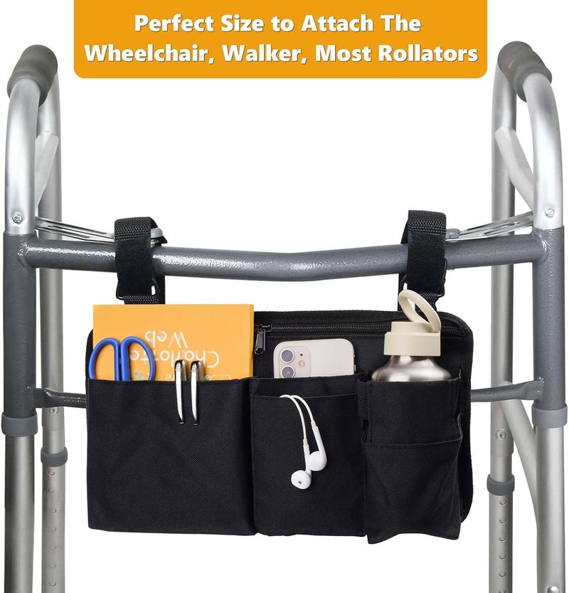 Royitay Wheelchair Side Bag with Cup Holder,Wheelchair Armrest Accessories Storage Pouch for Rollator，Walker，Power Wheelchairs，Nylon Walker Side Bag, Black - Image 4